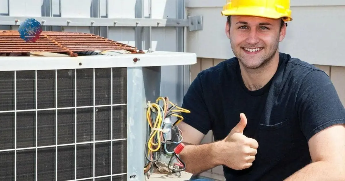 Seasoned Experts An HVAC technician posing besides an outdoor unit